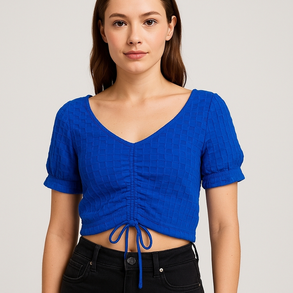 J&W Royal‎ Blue Textured Ruched Tie Front Short Sleeve Top Size L/XL Stretch